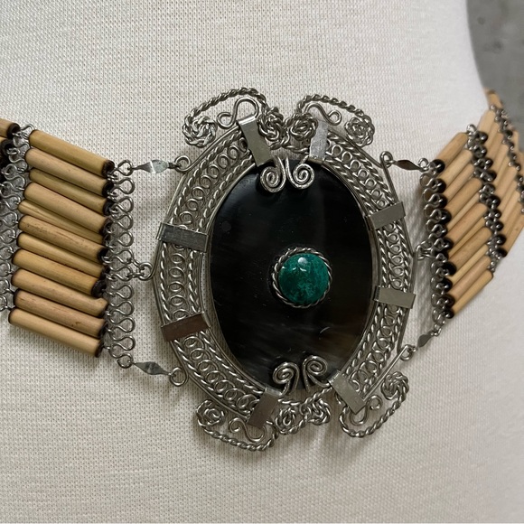 Vintage Bohemian Belt with Malachite Stone, Silver, Wood, Horn Handmade Ethic main image 5